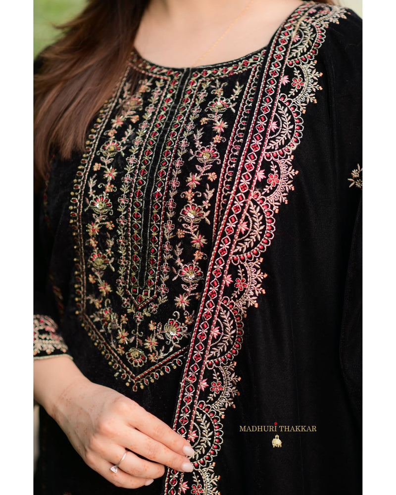 Black Maroon Handwork Premium Velvet Suit