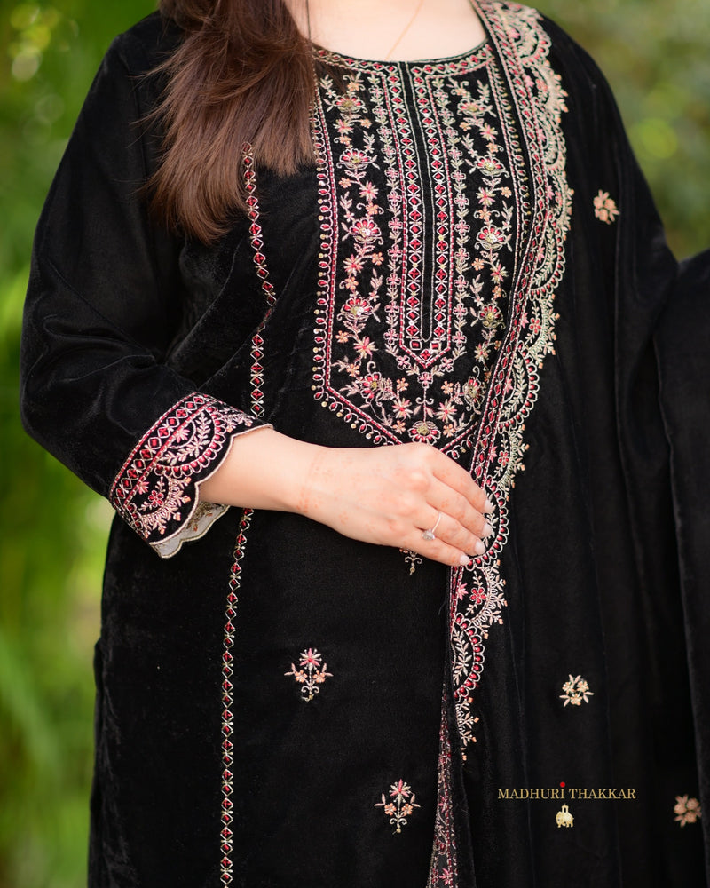 Black Maroon Handwork Premium Velvet Suit