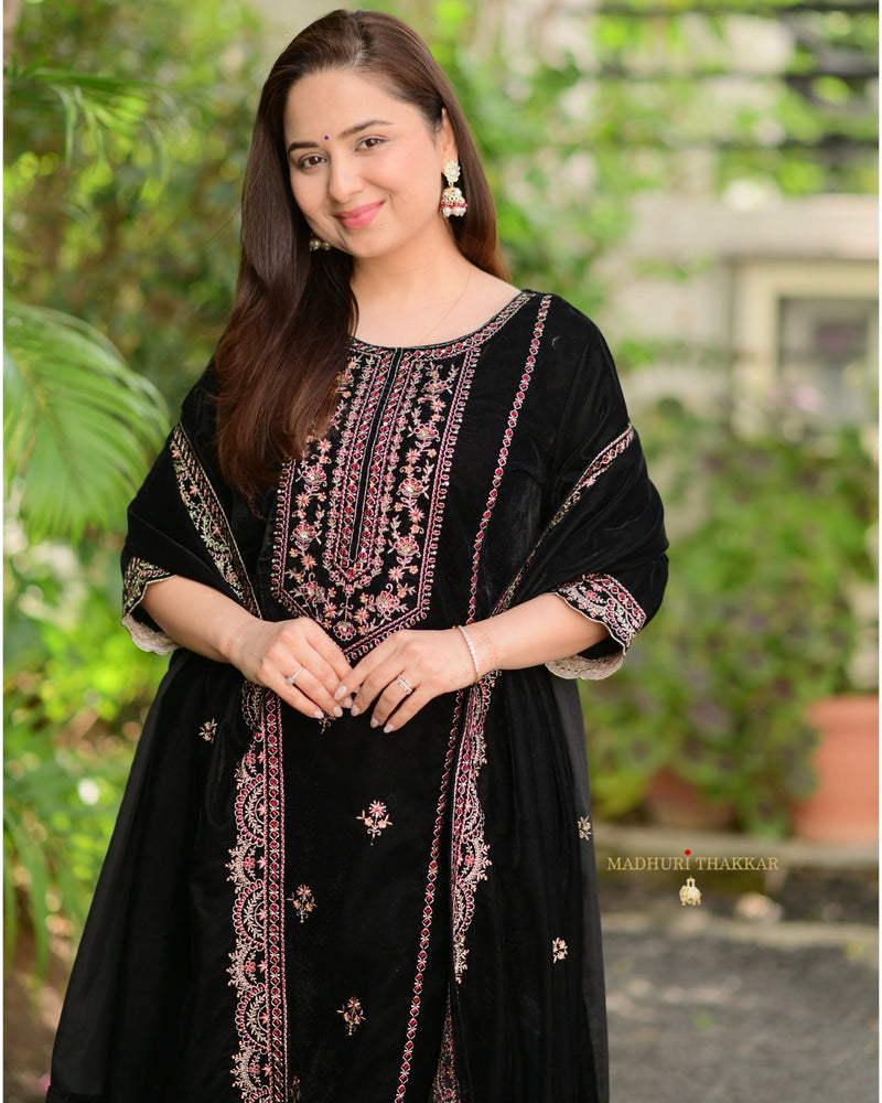 Black Maroon Handwork Premium Velvet Suit
