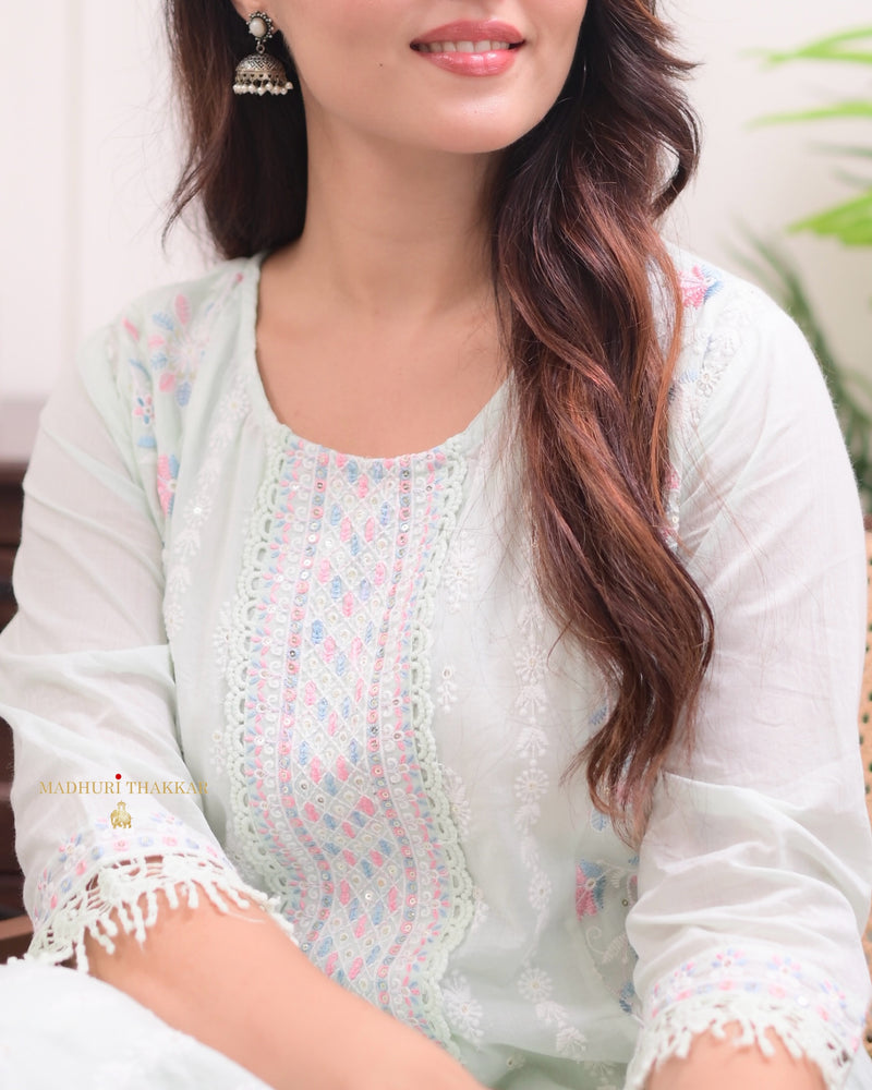 Pista Green Mul Cotton Threadwork Anarkali