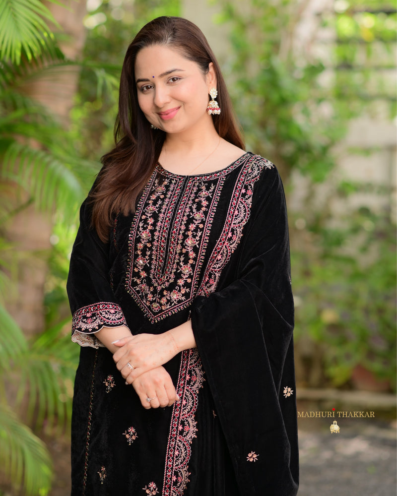 Black Maroon Handwork Premium Velvet Suit