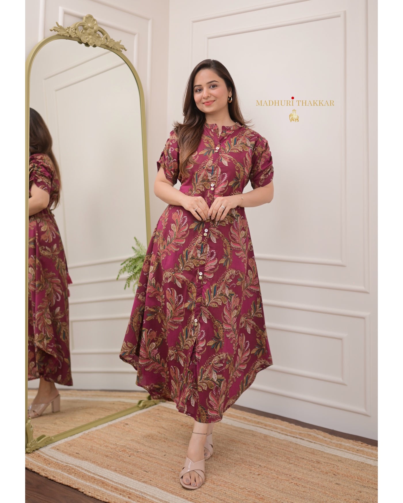 Magenta Leaf A Line Cotton Dress