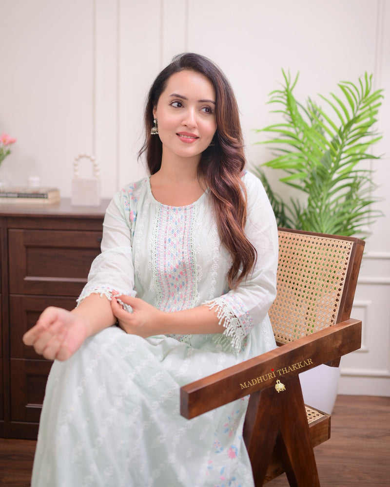 Pista Green Mul Cotton Threadwork Anarkali