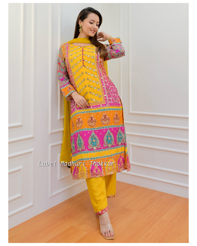 Yellow Muslin Gotta Festive Suit