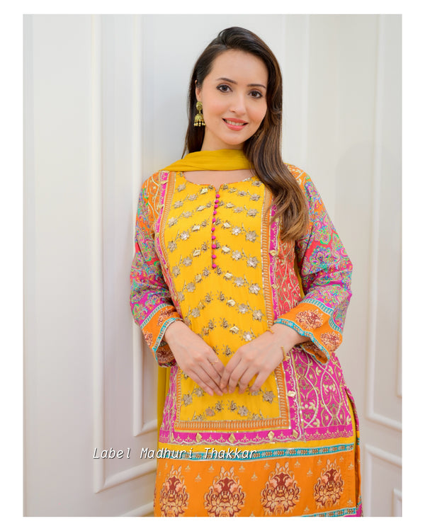 Yellow Muslin Gotta Festive Suit