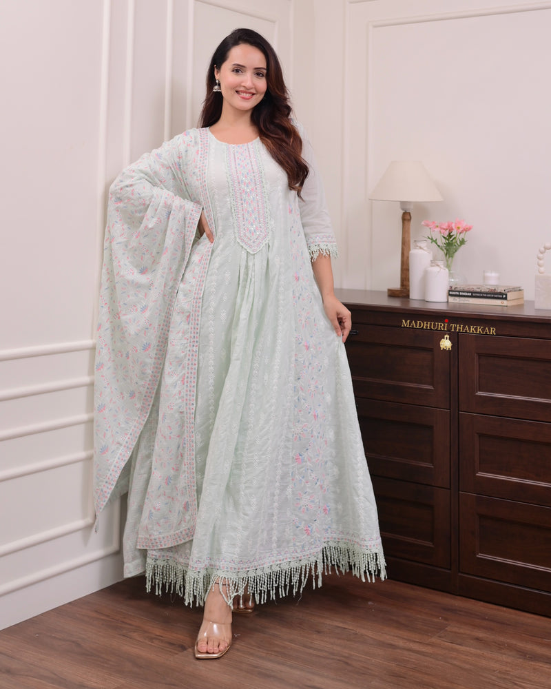 Pista Green Mul Cotton Threadwork Anarkali