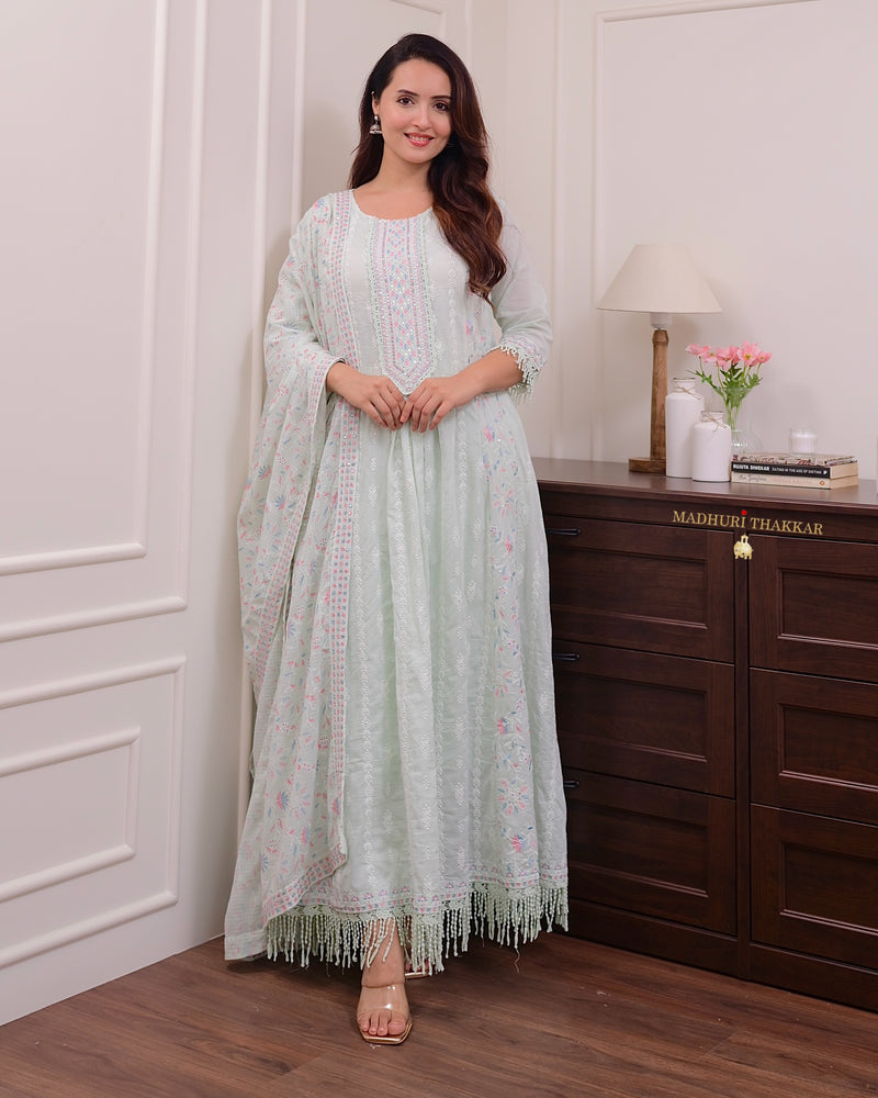 Pista Green Mul Cotton Threadwork Anarkali