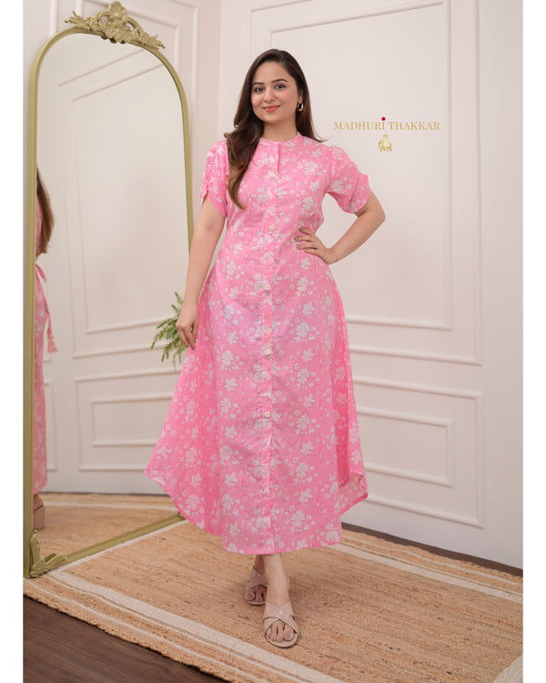 Baby Pink Floral Cotton A Line Dress