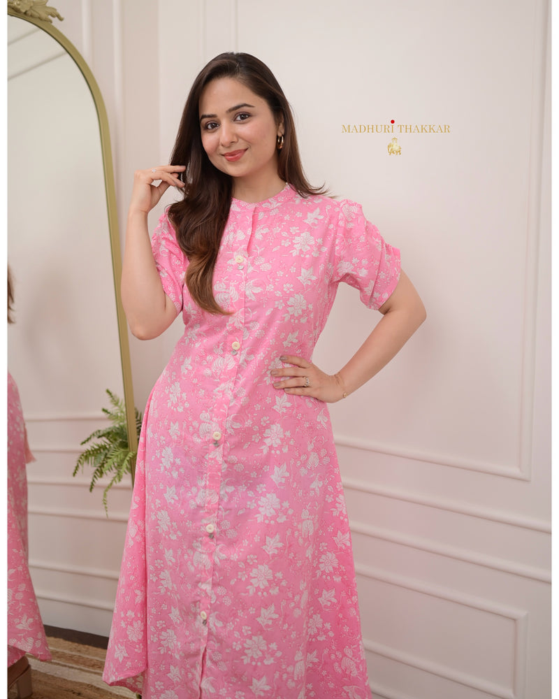 Baby Pink Floral Cotton A Line Dress