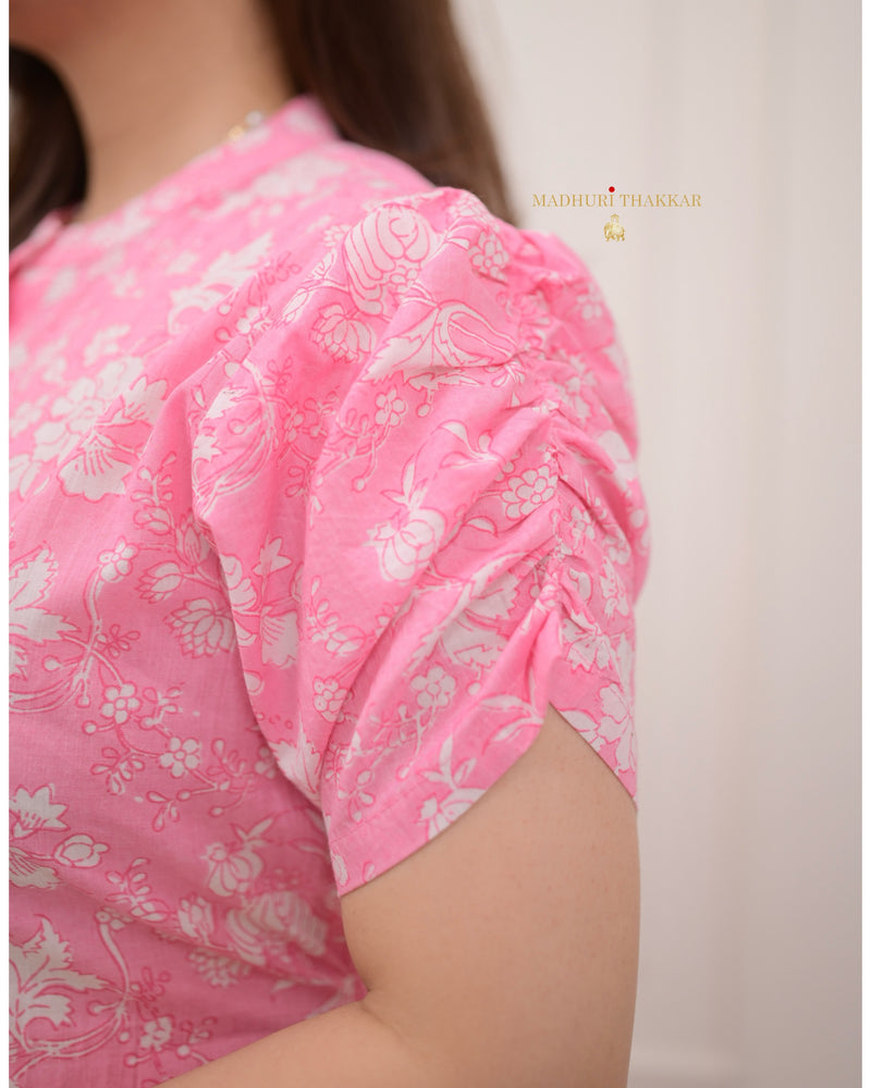 Baby Pink Floral Cotton A Line Dress