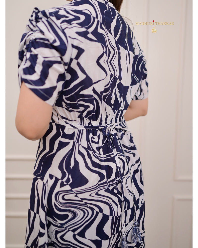 Navy Blue Abstract Cotton A Line Dress