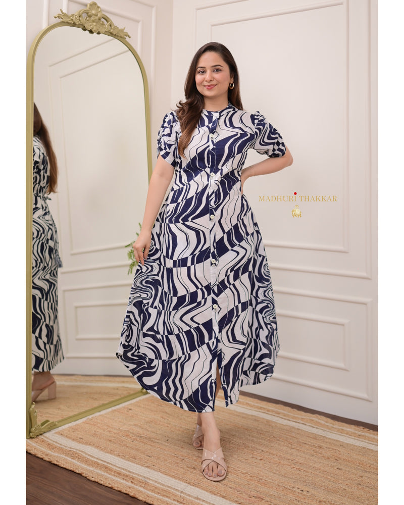 Navy Blue Abstract Cotton A Line Dress