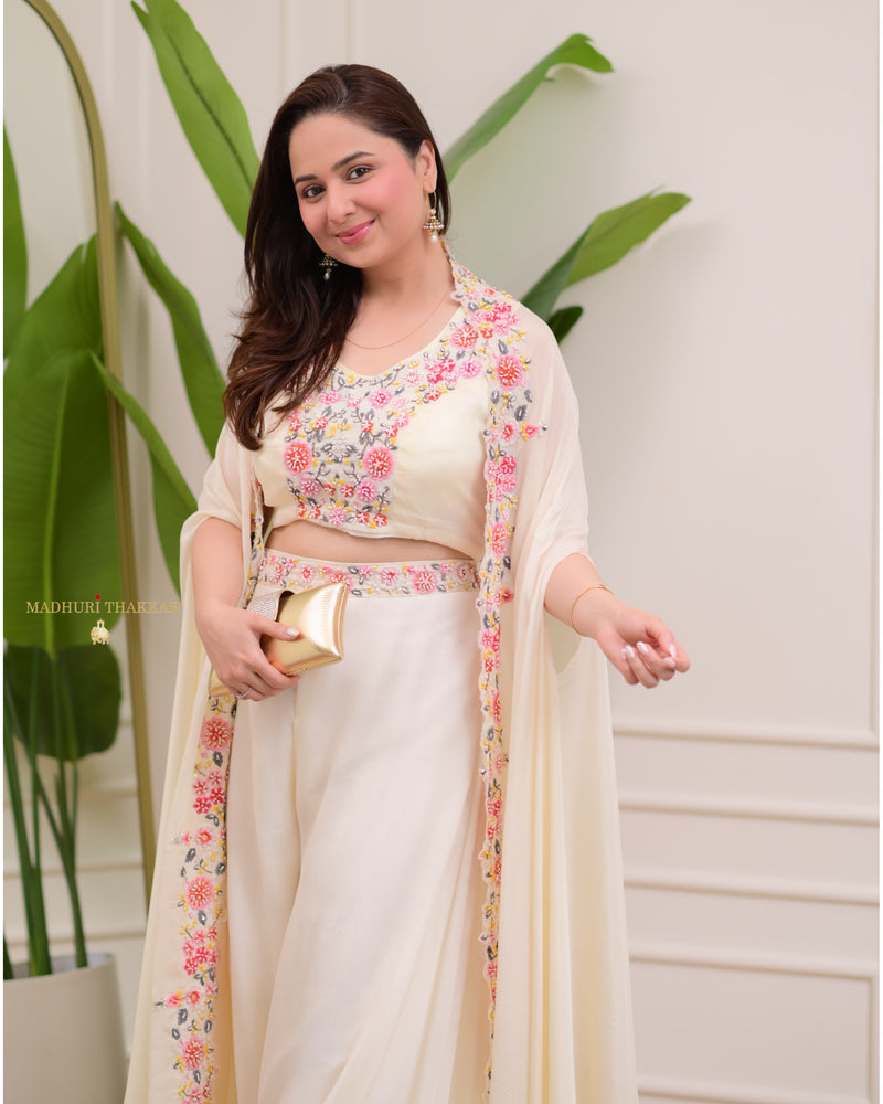 Ivory Chinnon Festive Cape Sharara Set