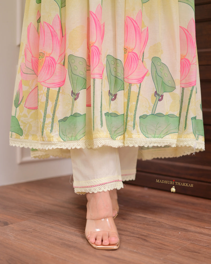 Lemon Yellow Floral Handwork Mul Cotton Anarkali