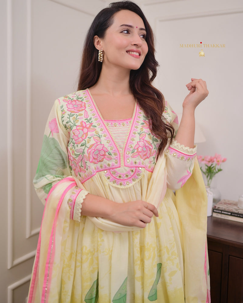 Lemon Yellow Floral Handwork Mul Cotton Anarkali