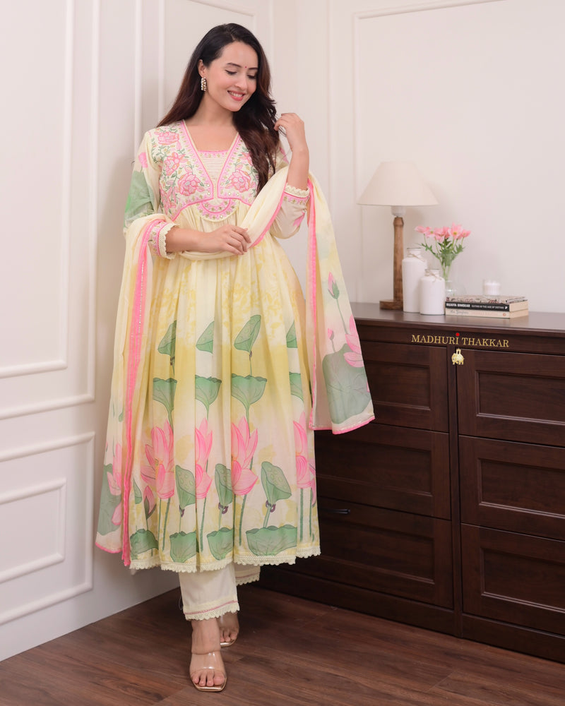 Lemon Yellow Floral Handwork Mul Cotton Anarkali