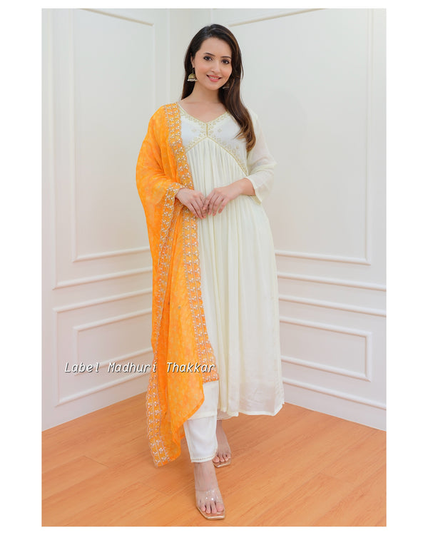 Ivory Yellow Bandhani Dupatta Chinnon Anarkali Suit