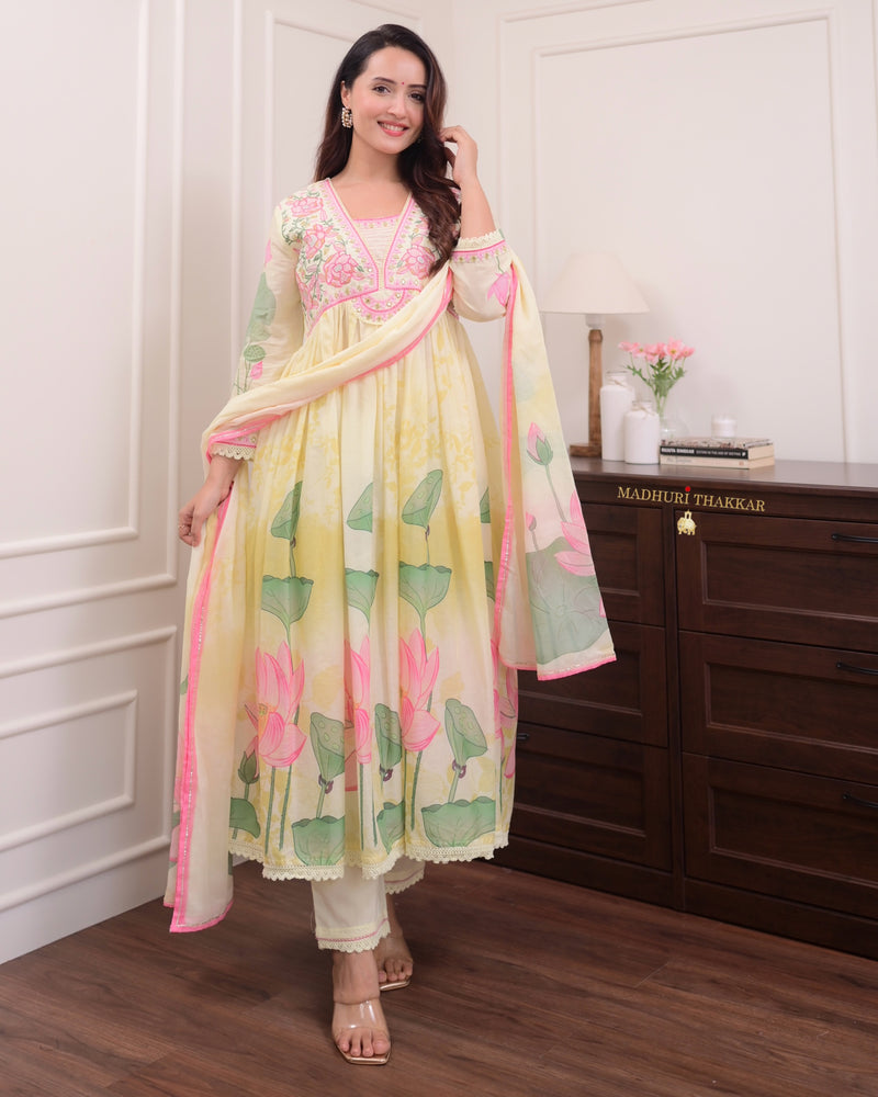 Lemon Yellow Floral Handwork Mul Cotton Anarkali