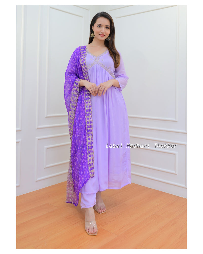 Lilac Purple Bandhani Dupatta Chinnon Anarkali Suit