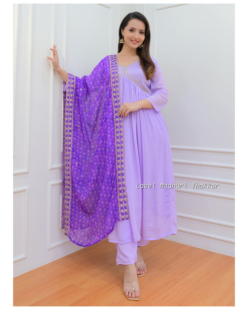 Lilac Purple Bandhani Dupatta Chinnon Anarkali Suit