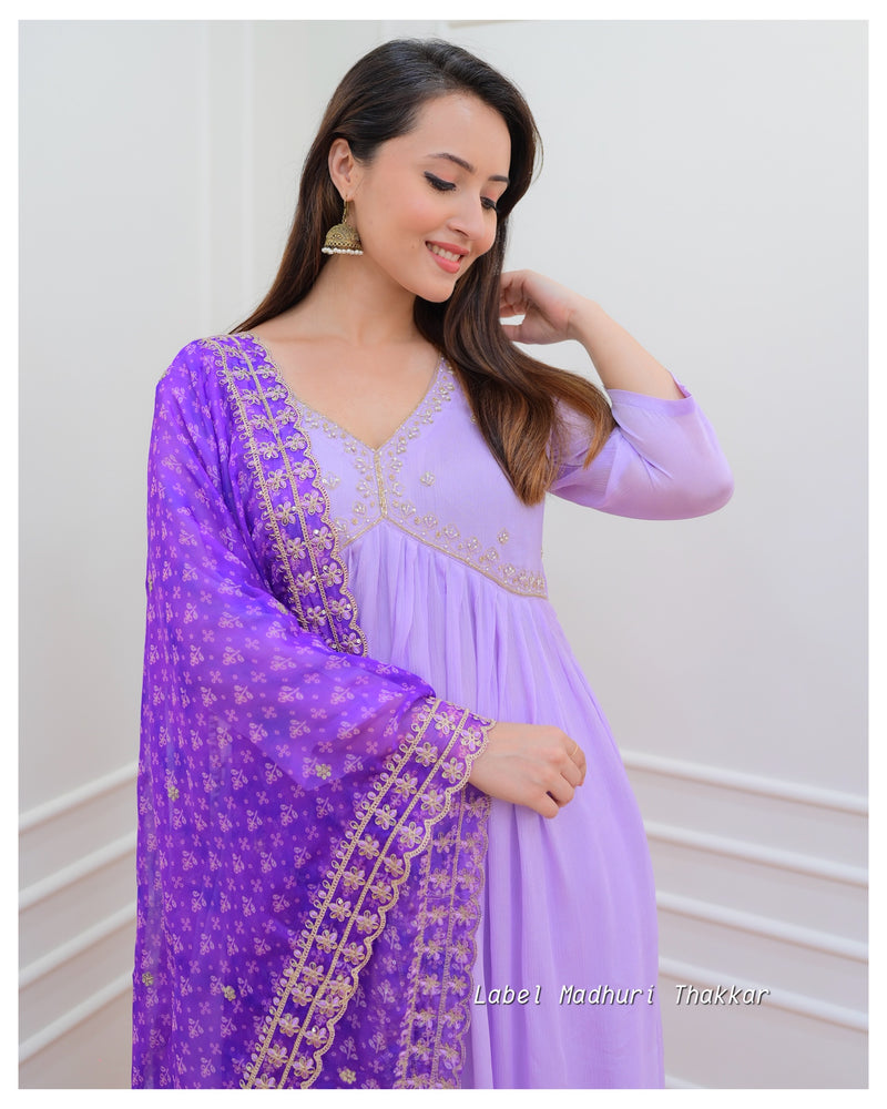 Lilac Purple Bandhani Dupatta Chinnon Anarkali Suit