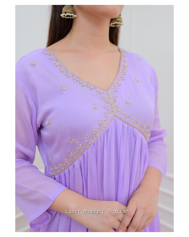 Lilac Purple Bandhani Dupatta Chinnon Anarkali Suit