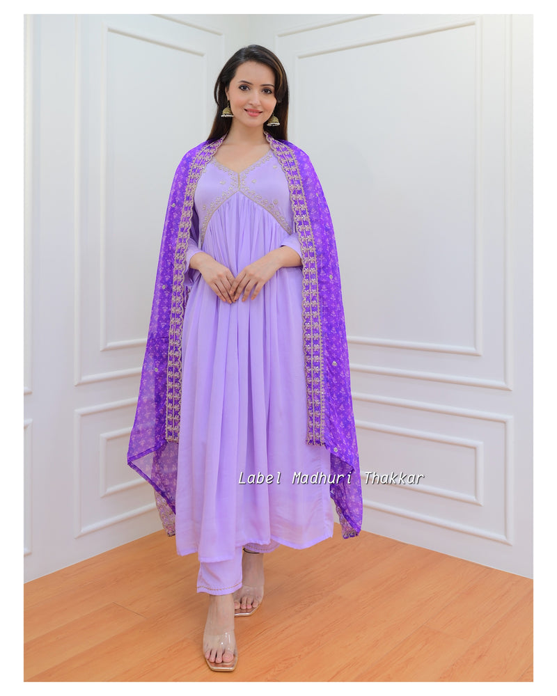 Lilac Purple Bandhani Dupatta Chinnon Anarkali Suit