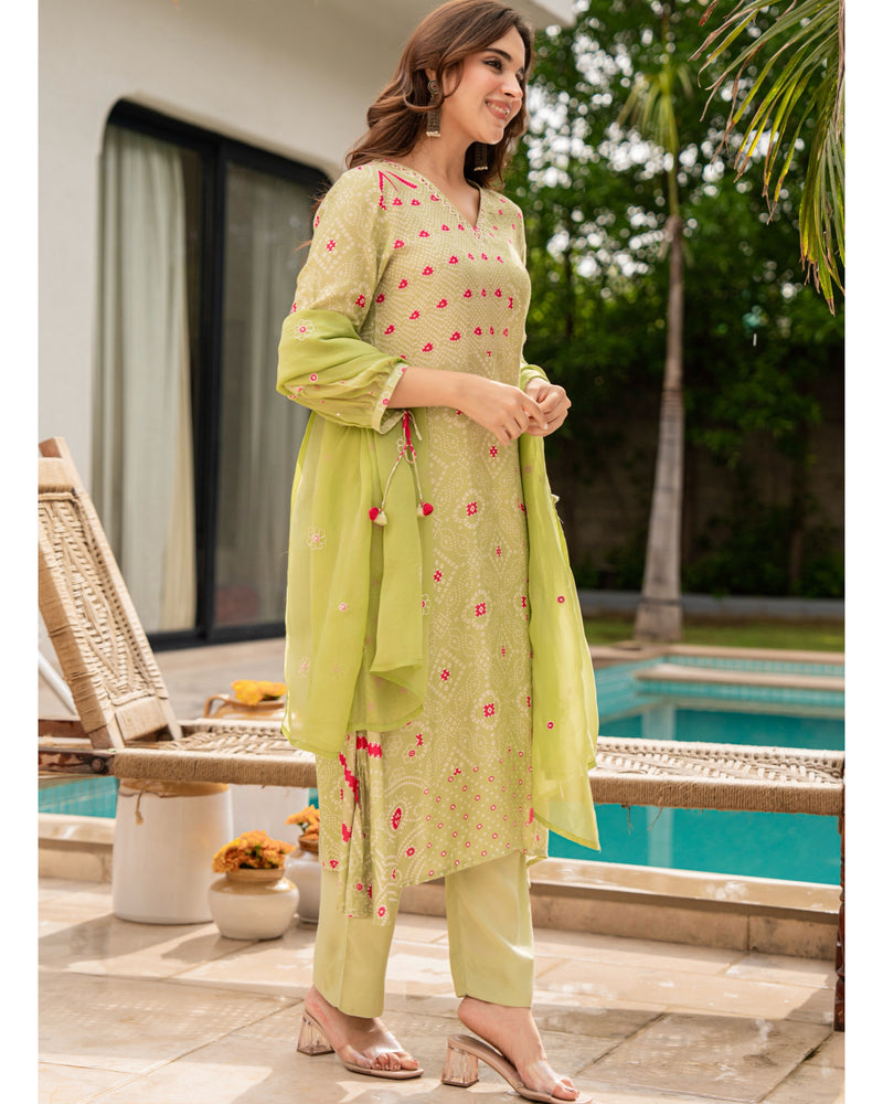 Green Pink Premium Muslin Handwork Suit