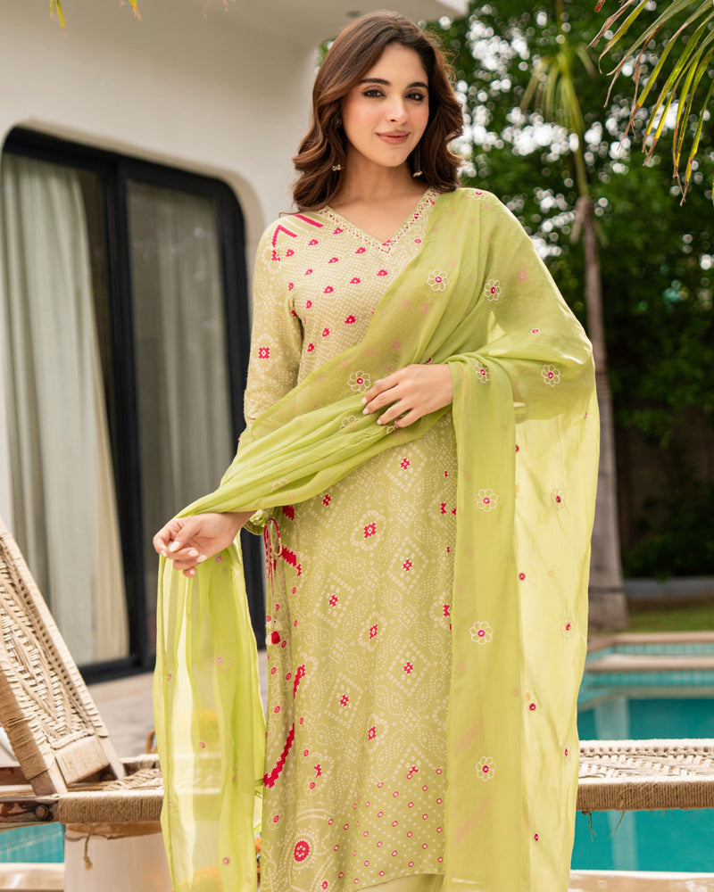 Green Pink Premium Muslin Handwork Suit