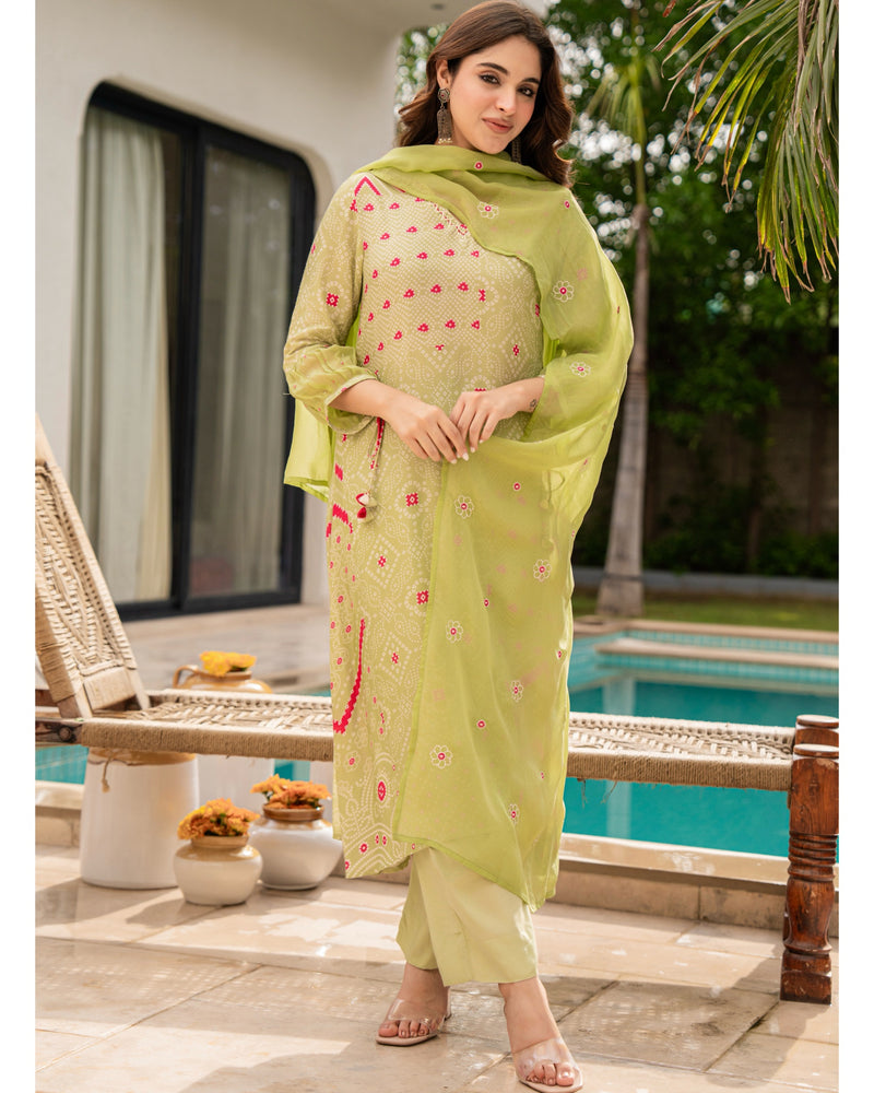 Green Pink Premium Muslin Handwork Suit