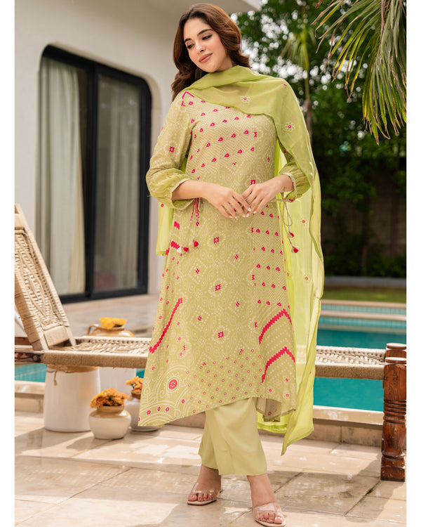 Green Pink Premium Muslin Handwork Suit