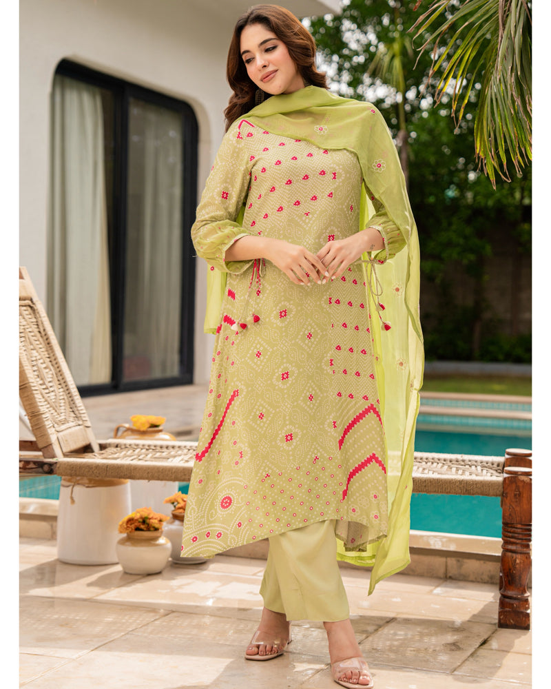 Green Pink Premium Muslin Handwork Suit