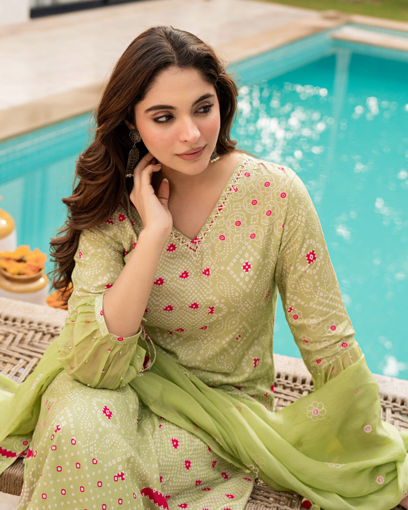 Green Pink Premium Muslin Handwork Suit