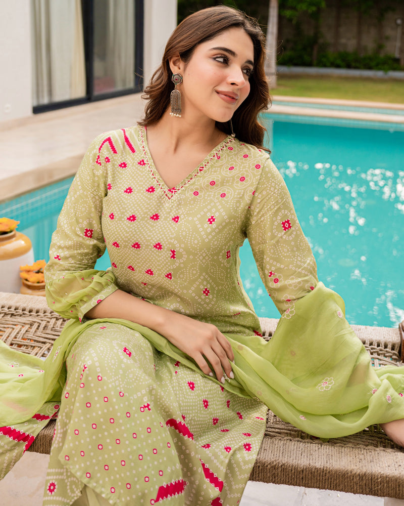 Green Pink Premium Muslin Handwork Suit