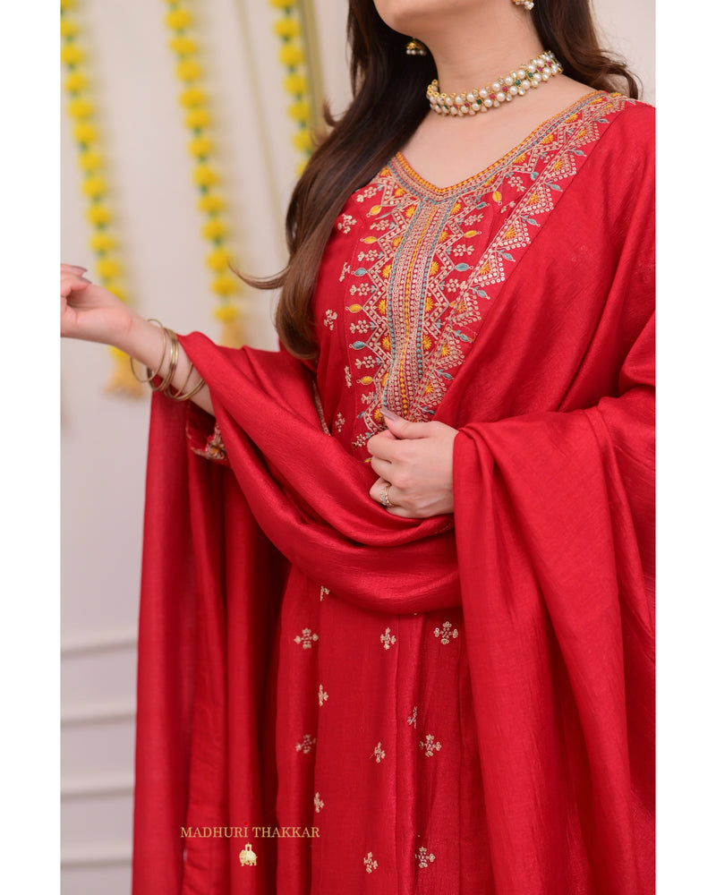 Red Handwork A Line Silk Festive Suit