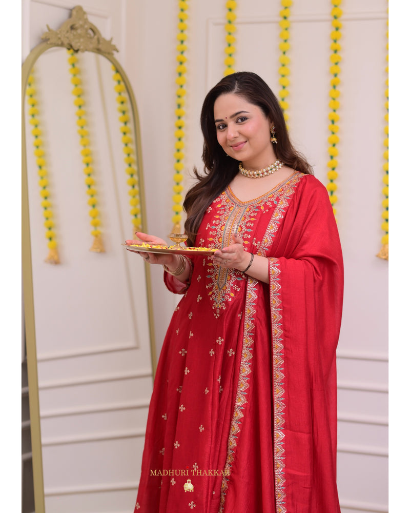 Red Handwork A Line Silk Festive Suit