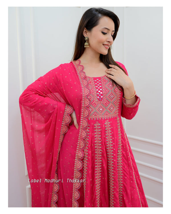 Rani Pink Threadwork Anarkali Suit