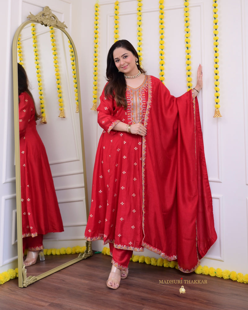Red Handwork A Line Silk Festive Suit