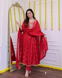 Red Handwork A Line Silk Festive Suit
