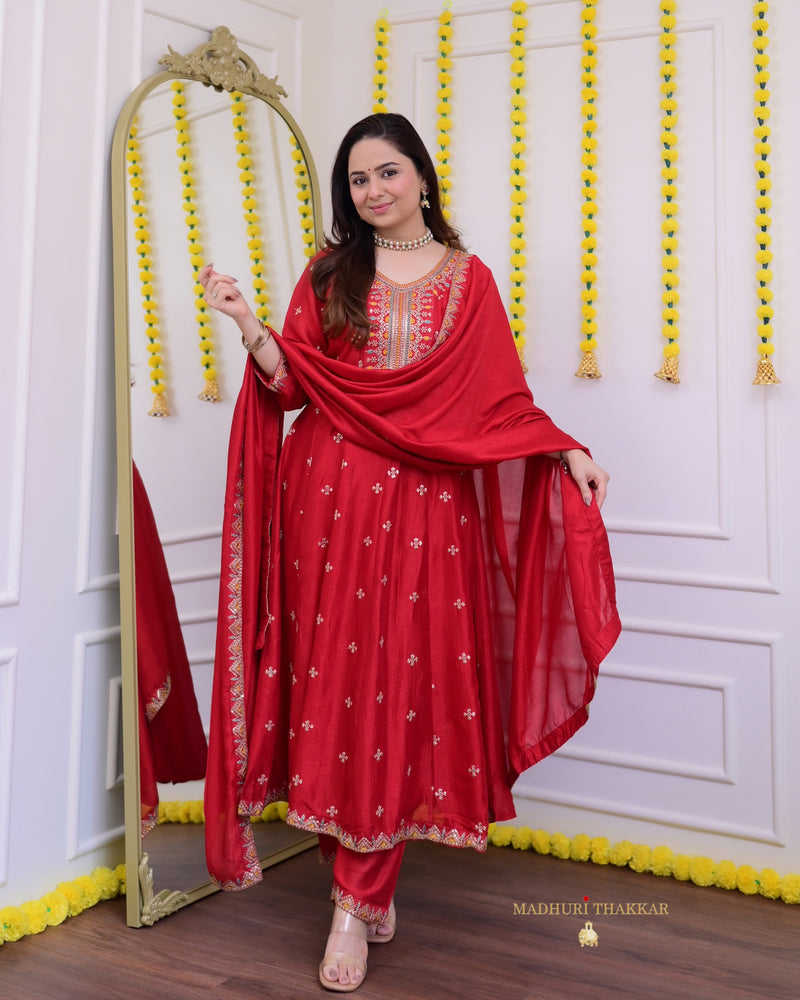 Red Handwork A Line Silk Festive Suit
