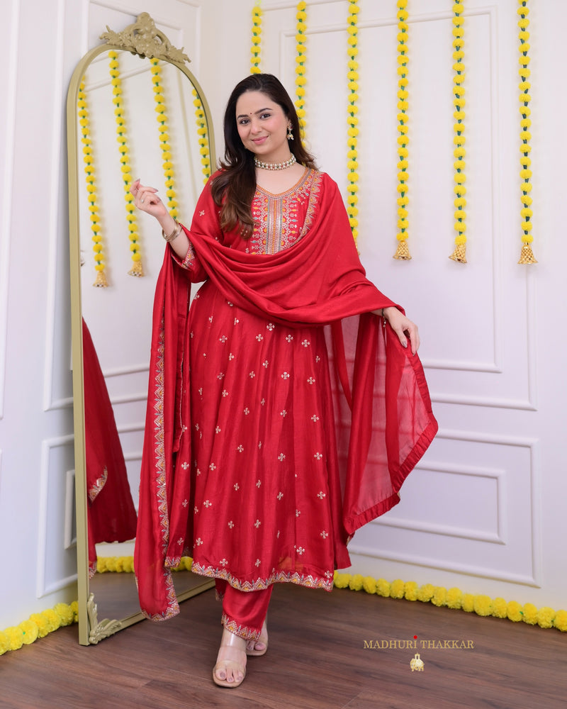 Red Handwork A Line Silk Festive Suit