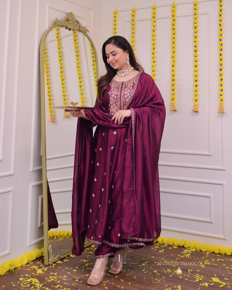 Magenta Handwork A Line Silk Festive Suit