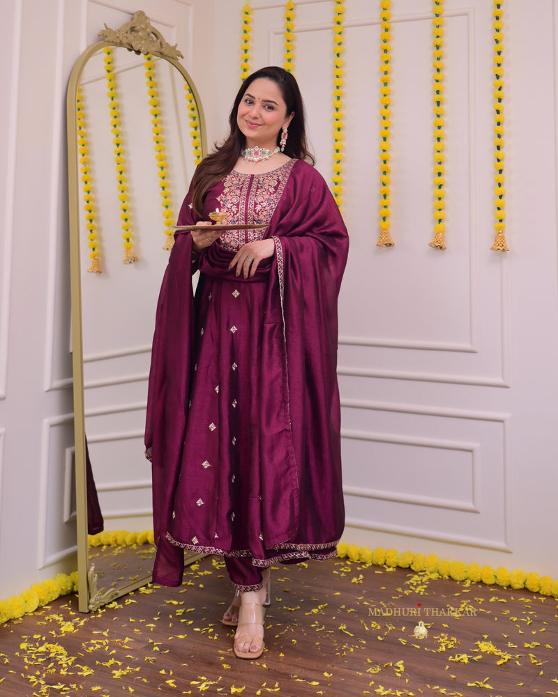 Magenta Handwork A Line Silk Festive Suit