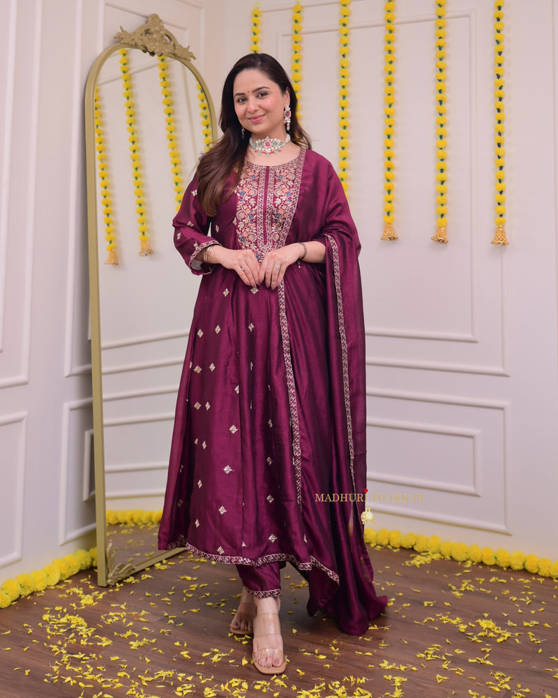 Magenta Handwork A Line Silk Festive Suit