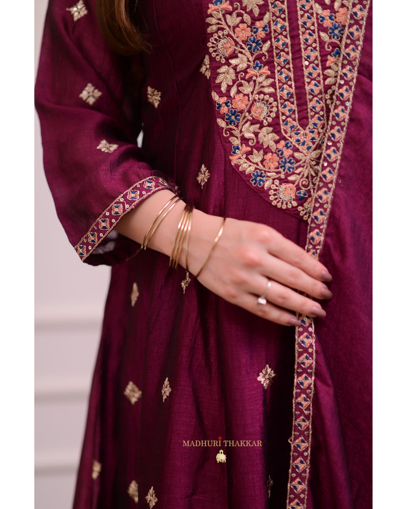 Magenta Handwork A Line Silk Festive Suit