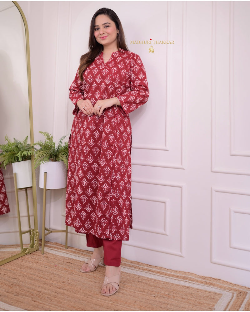 Red-White Printed Sequin Kurta Set