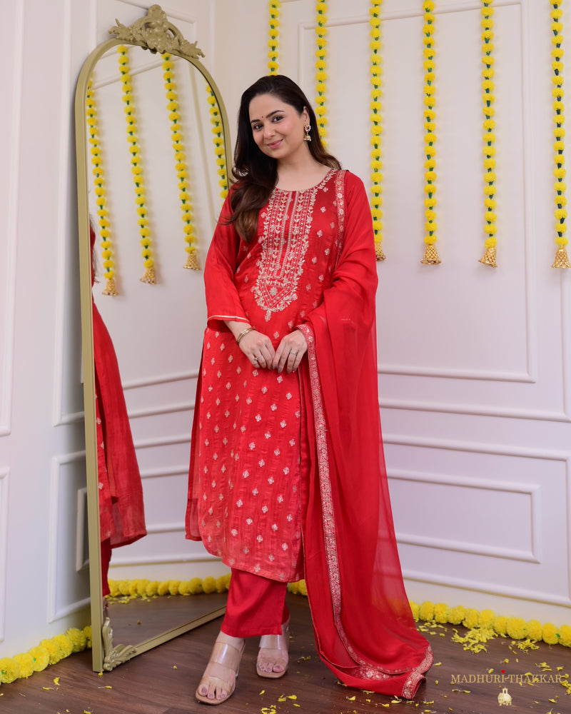 Red Ombre Handwork Silk Suit