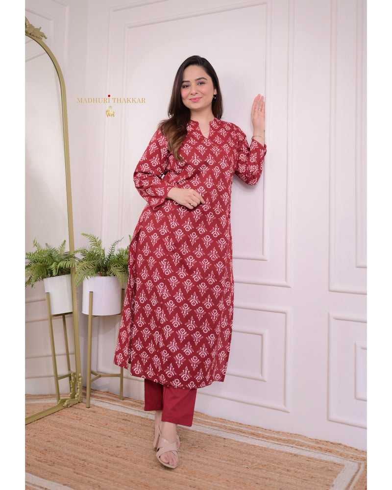 Red-White Printed Sequin Kurta Set