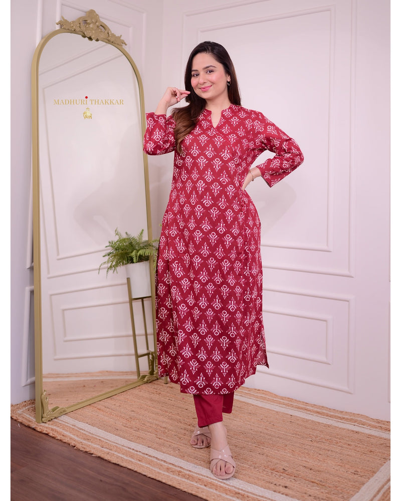 Red-White Printed Sequin Kurta Set