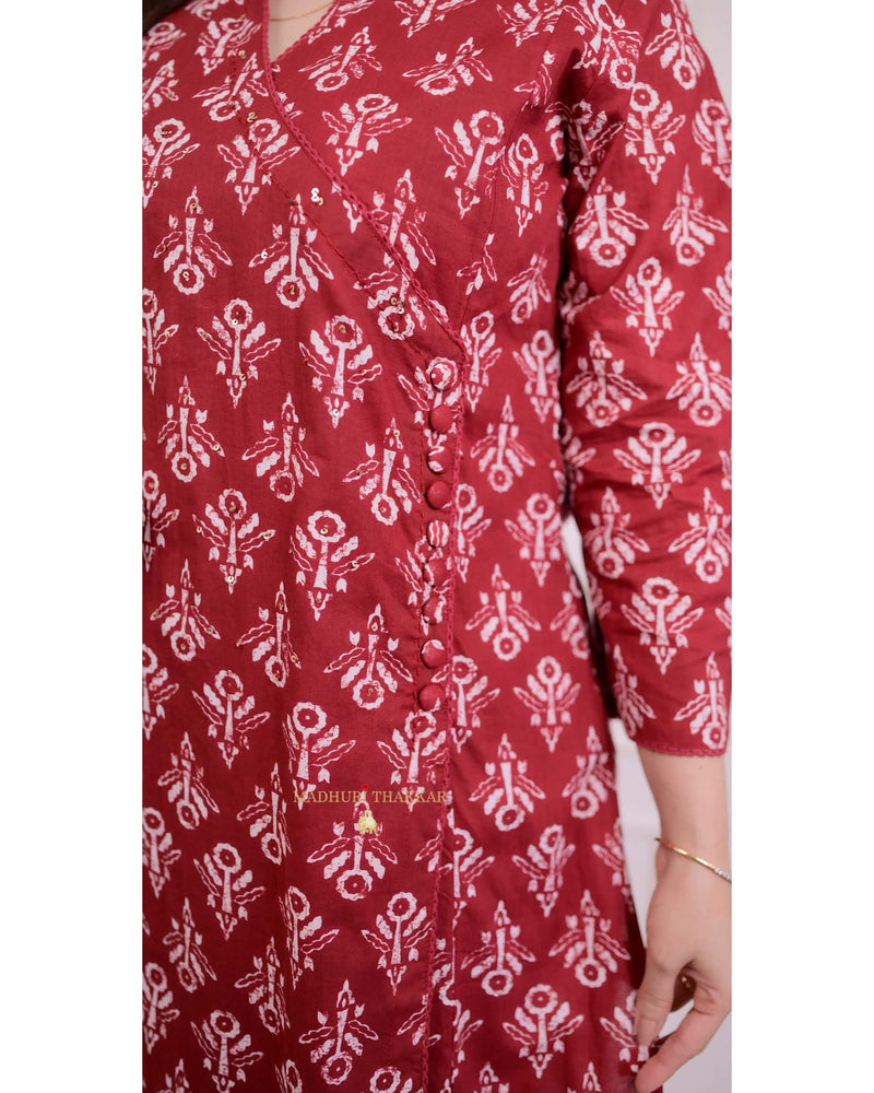 Red-White Printed Sequin Kurta Set
